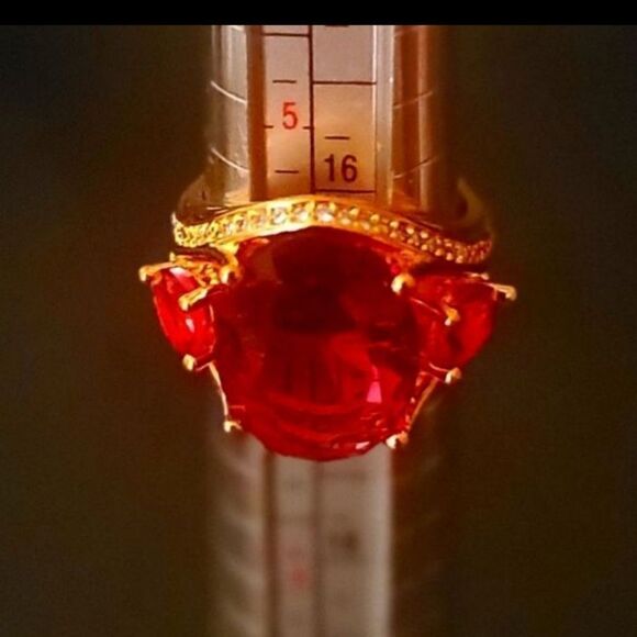 Oval Cut Ruby & White Topaz  Cocktail  Ring 14K Gold on 925 Band - Picture 9 of 9